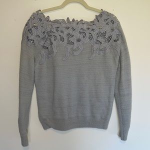 En Creme Gray Sweater with Lace Detail